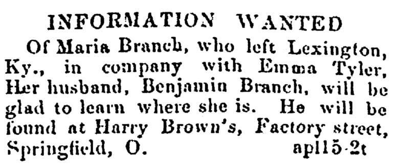 A missing person ad, Colored Citizen newspaper advertisement 19 May 1866