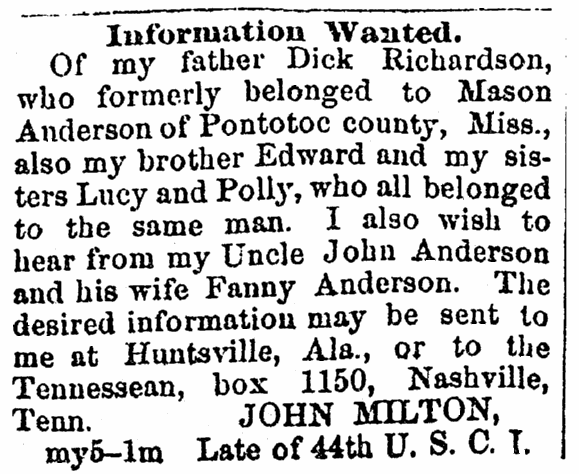 A missing person ad, Colored Tennessean newspaper advertisement 18 July 1866