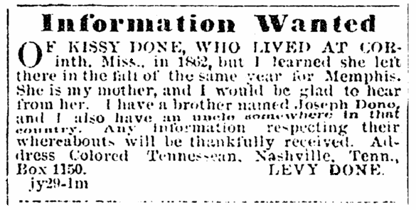 A missing person ad, Colored Tennessean newspaper advertisement 12 August 1865