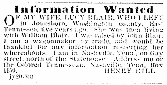 A missing person ad, Colored Tennessean newspaper advertisement 12 August 1865