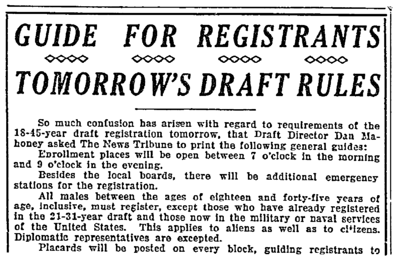 An article about the World War I draft, Duluth News-Tribune newspaper article 11 September 1918