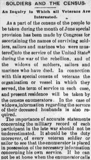 An article about military service records in the 1890 U.S. Census, Evening News newspaper article 31 May 1890