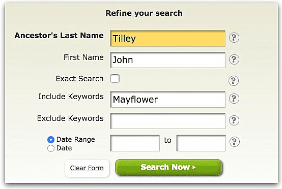 A screenshot of GenealogyBank's search page showing a search for John Tilley and "Mayflower"