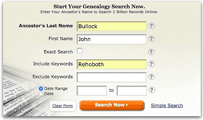 A screenshot of GenealogyBank's search page showing a search for John Bullock and "Rehoboth"