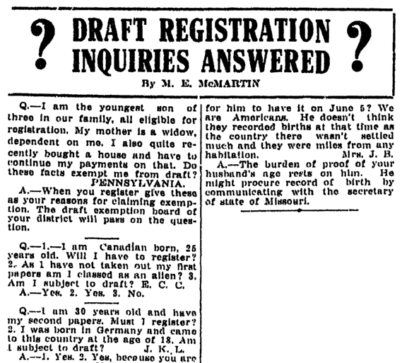 An article about the World War I draft, Kalamazoo Gazette newspaper article 4 June 1917