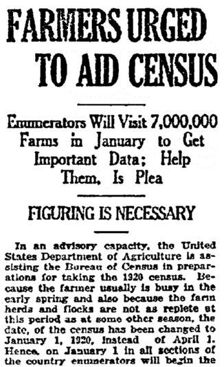 An article about the Agricultural Census, Lexington Herald newspaper article 3 November 1919