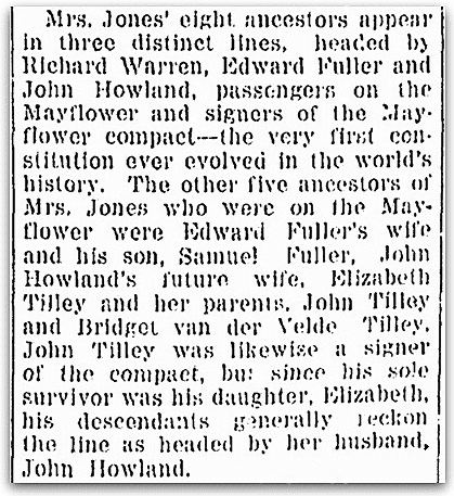 An article about Mayflower Pilgrim Elizabeth Tilley, Omaha World-Herald newspaper article 21 November 1920