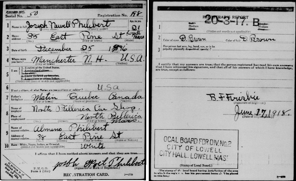 Photo: “United States World War I Draft Registration Cards, 1917-1918,” database with images, FamilySearch (https://familysearch.org/ark:/61903/1:1:KZN9-C76: 12 December 2014), Joseph Newell Philibert, 1917-1918