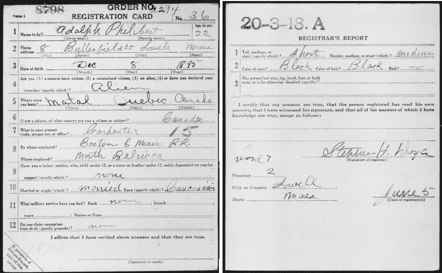 Photo: “United States World War I Draft Registration Cards, 1917-1918,” database with images, FamilySearch (https://familysearch.org/ark:/61903/1:1:KZN9-J5X: 12 December 2014), Adolph Philibert, 1917-1918