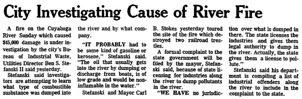 An article about the Cuyahoga River fire in Ohio, Plain Dealer newspaper article 24 June 1969