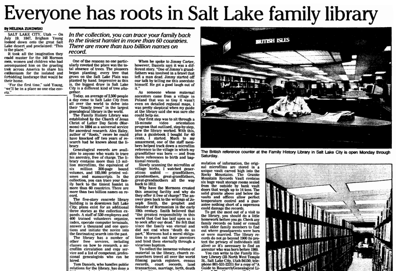 An article about the Family History Library, Plain Dealer newspaper article 1 July 1990