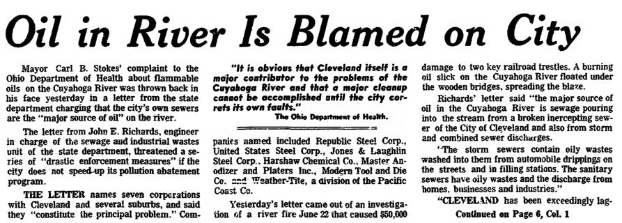 An article about the Cuyahoga River fire in Ohio, Plain Dealer newspaper article 4 July 1969