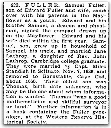 An article about Mayflower passenger Samuel Fuller, Plain Dealer newspaper article 4 September 1927