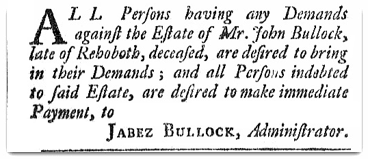 An article about John Bullock, Providence Gazette newspaper article 3 January 1789