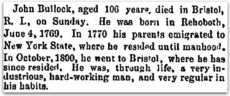 An obituary for John Bullock, Salem Register newspaper article 6 January 1876