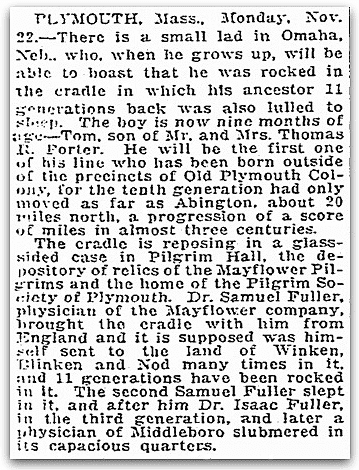 An article about the cradle that has been passed down through the generations of Mayflower Pilgrim Samuel Fuller's family, Seattle Daily Times newspaper article 22 November 1920