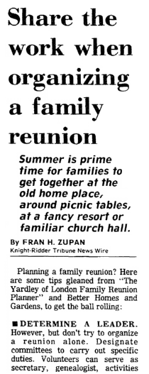 An article about family reunions, Aberdeen Daily News newspaper article 12 July 1992
