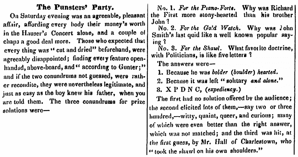 Riddles, Boston Daily Bee newspaper article 21 February 1848