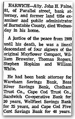 An obituary for John Paine, Boston Herald newspaper article 2 July 1964