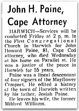 An obituary for John Paine, Boston Record American newspaper article 3 July 1964