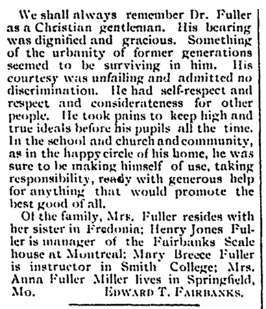 An obituary for Homer Taylor Fuller, Caledonian newspaper article 19 August 1908