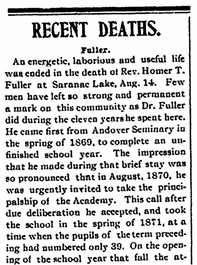 An obituary for Homer Taylor Fuller, Caledonian newspaper article 19 August 1908