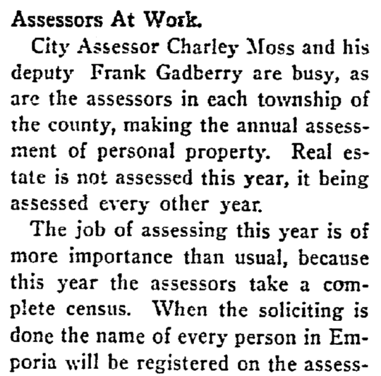 An article about the Kansas state census, Emporia Gazette newspaper article 28 March 1905