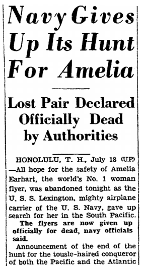 An article about the disappearance of famed woman pilot Amelia Earhart on 2 July 1937, San Francisco Chronicle newspaper article 19 July 1937