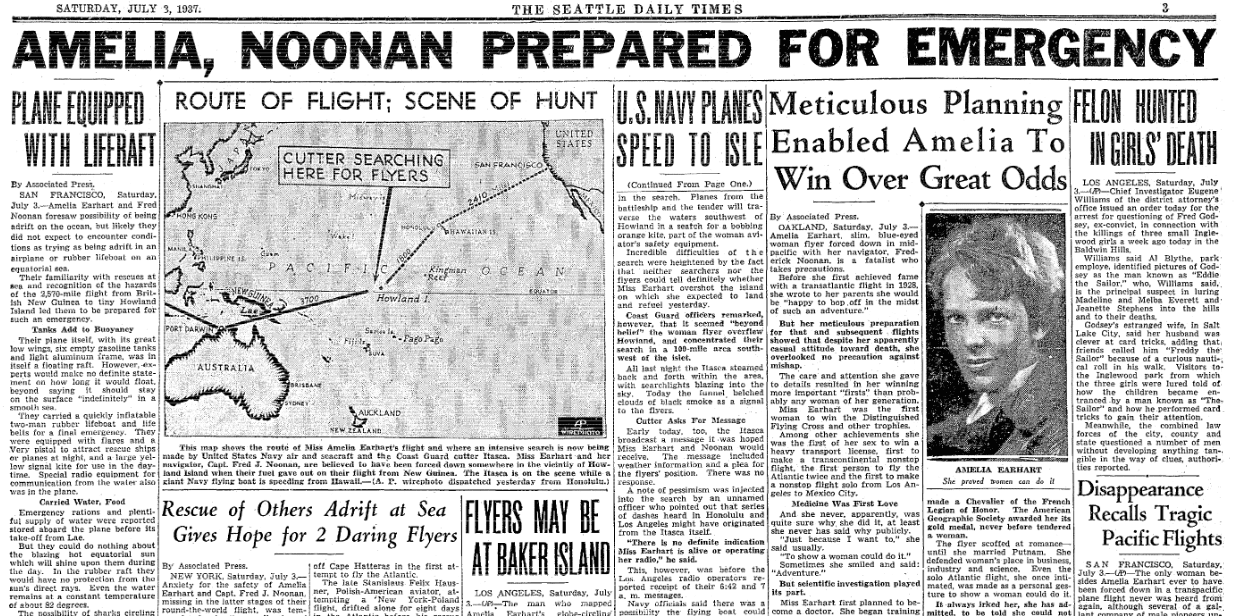An article about the disappearance of famed woman pilot Amelia Earhart on 2 July 1937, Seattle Daily Times newspaper article 3 July 1937