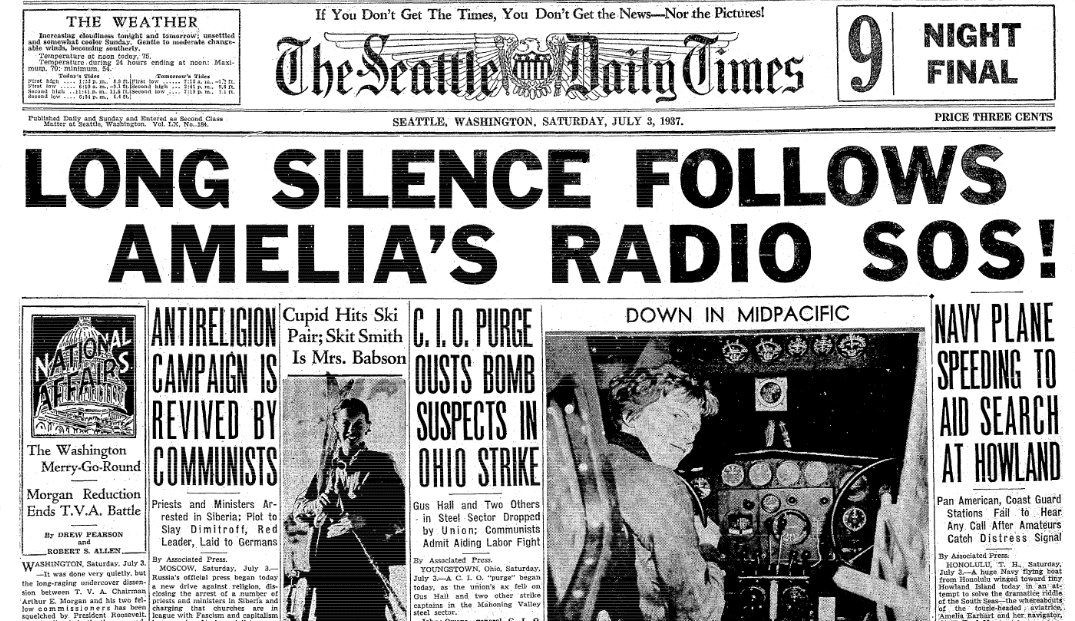 An article about the disappearance of famed woman pilot Amelia Earhart on 2 July 1937, Seattle Daily Times newspaper article 3 July 1937