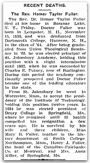 An obituary for Homer Taylor Fuller, St. Albans Daily Messenger newspaper article 15 August 1908