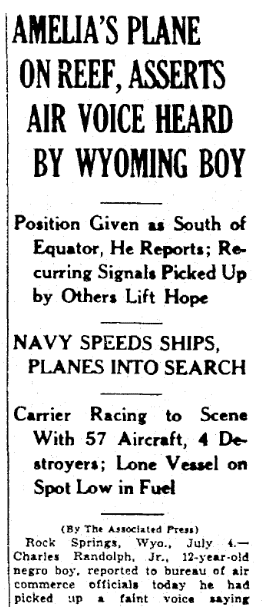 An article about the disappearance of famed woman pilot Amelia Earhart on 2 July 1937, Times-Picayune newspaper article 5 July 1937