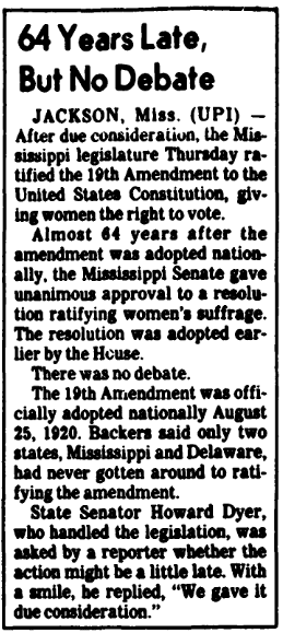 An article about Mississippi, women's suffrage and ratification of the 19th Amendment, Arkansas Gazette newspaper article 23 March 1984