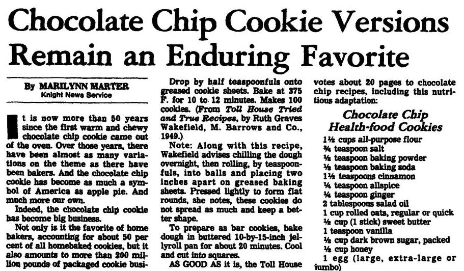 An article with recipes for chocolate chip cookies, Arkansas Gazette newspaper article 16 June 1982