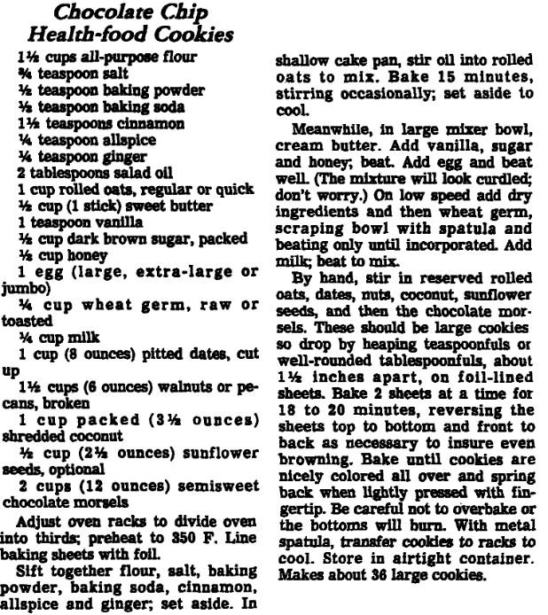 An article with recipes for chocolate chip cookies, Arkansas Gazette newspaper article 16 June 1982