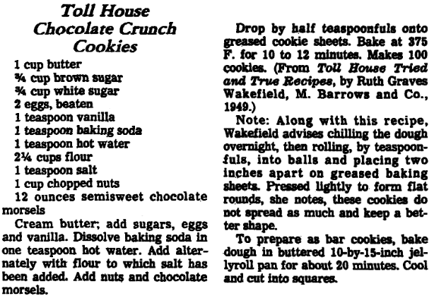 An article with recipes for chocolate chip cookies, Arkansas Gazette newspaper article 16 June 1982