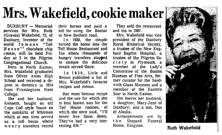 An obituary for Ruth Wakefield, Boston Herald newspaper article 12 January 1977