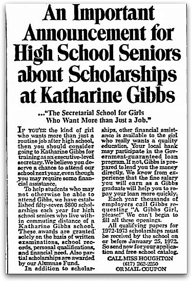 An article about Katharine Gibbs secretary schools, Boston Herald newspaper article 21 November 1971