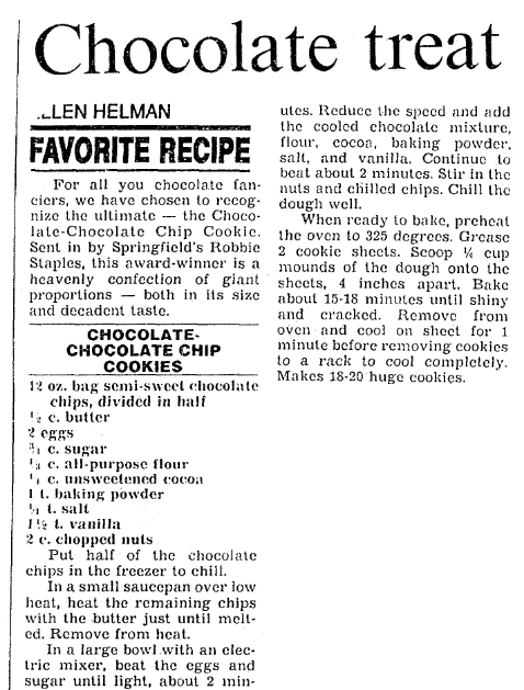 An article with recipes for chocolate chip cookies, Boston Herald newspaper article 12 December 1990