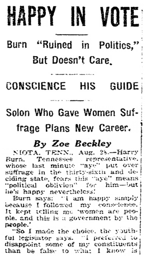 An article about women's suffrage and ratification of the 19th Amendment, Cincinnati Post newspaper article 28 August 1920