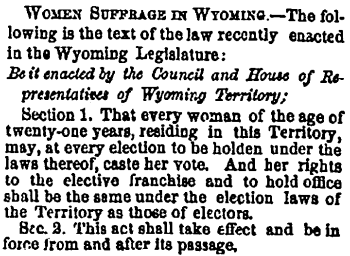 An article about women's suffrage in Wyoming, Daily Albany Argus newspaper article 17 December 1869