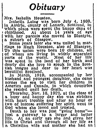 An obituary for Isabella Houston, Daily Telegram newspaper article 27 November 1922