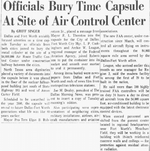 An article about time capsules, Dallas Morning News newspaper article 29 June 1960
