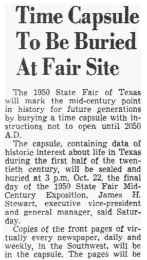 An article about time capsules, Dallas Morning News newspaper article 10 September 1950