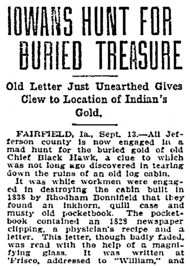 An article about the discovery of an old, forgotten letter, Duluth News-Tribune newspaper article 14 September 1906