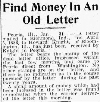 An article about the discovery of an old, forgotten letter, Evening News newspaper article 31 January 1906