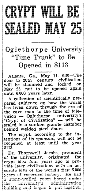 An article about time capsules, Evening Post newspaper article 11 May 1940