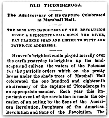 An article about the 118th anniversary celebration of the capture of Fort Ticonderoga during the American Revolutionary War, Evening Star newspaper article 10 May 1893
