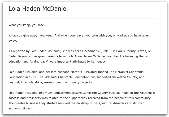 An obituary for Lola Haden McDaniel, Galveston County Daily News newspaper article 29 August 2010