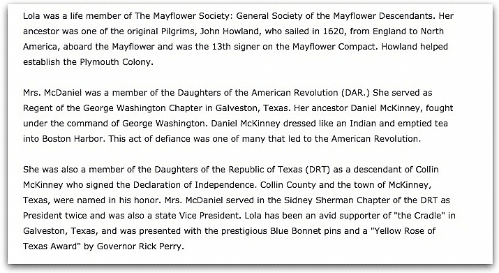 An obituary for Lola Haden McDaniel, Galveston County Daily News newspaper article 29 August 2010